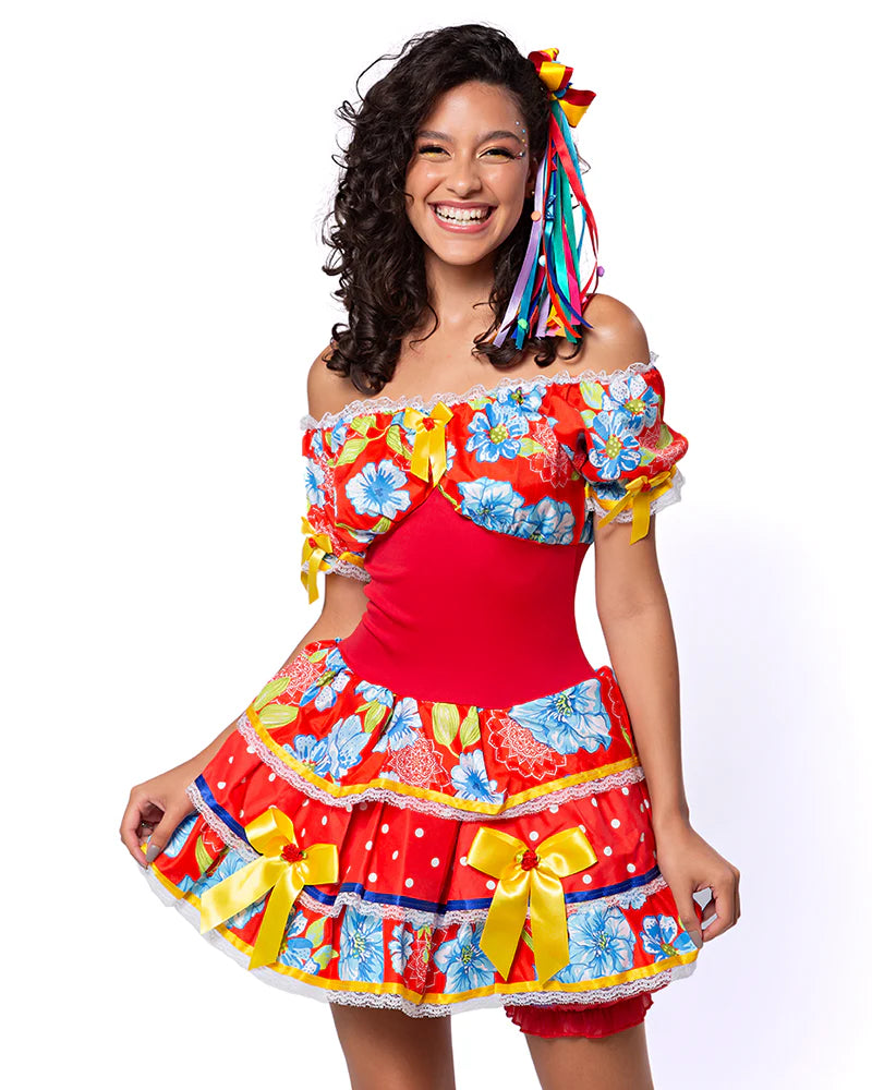 🎉 Vestido Junino Ciganinha Linha Confort – Vermelho com Flores e Laços