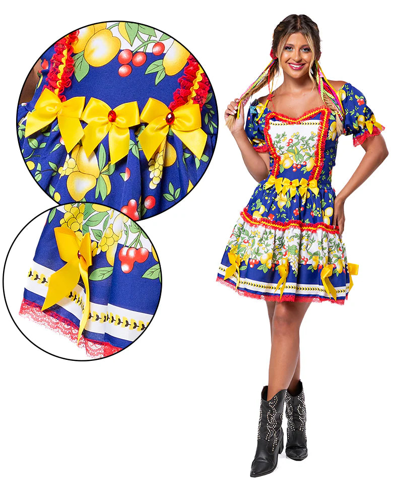 🍋 Vestido Junino Frutas Tropicais – Azul Royal com Laços Amarelos e Renda Vermelha