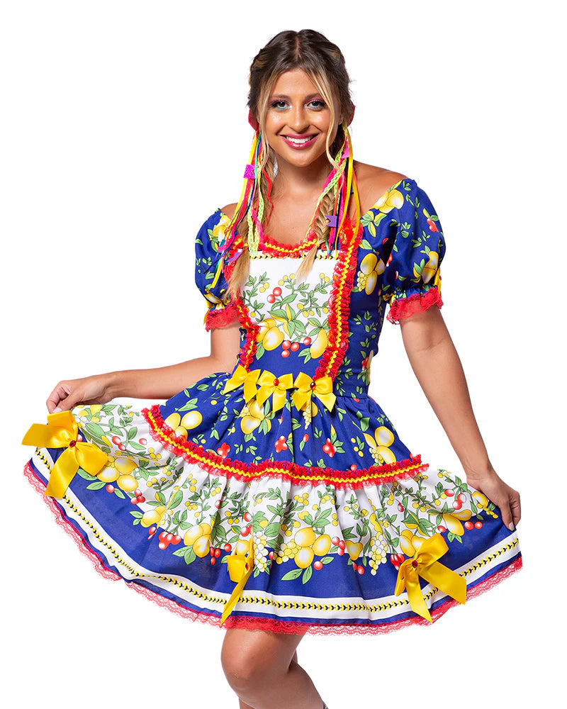 🍋 Vestido Junino Frutas Tropicais – Azul Royal com Laços Amarelos e Renda Vermelha