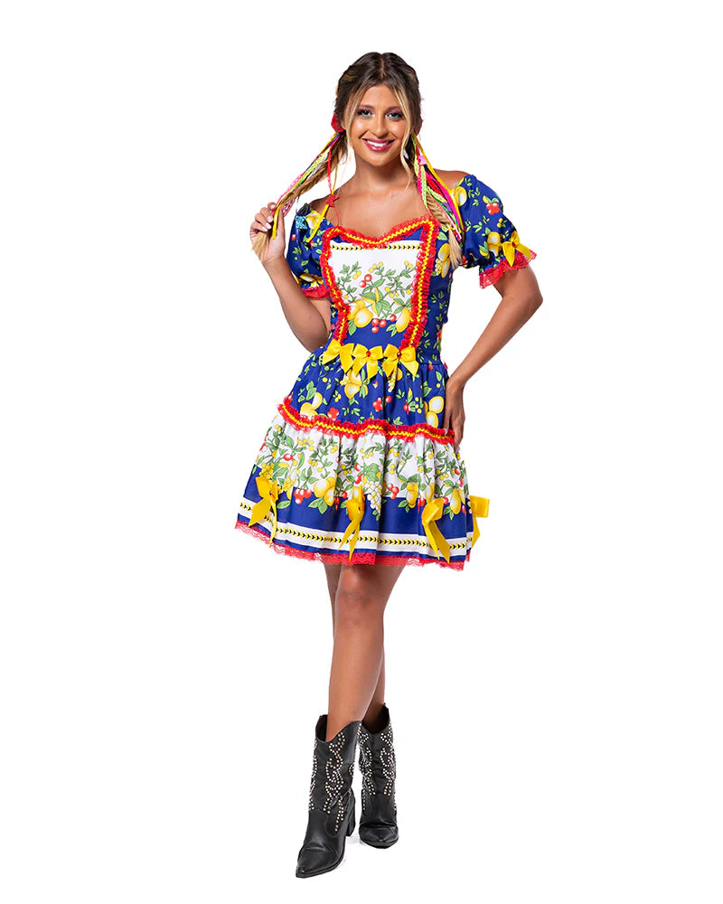 🍋 Vestido Junino Frutas Tropicais – Azul Royal com Laços Amarelos e Renda Vermelha