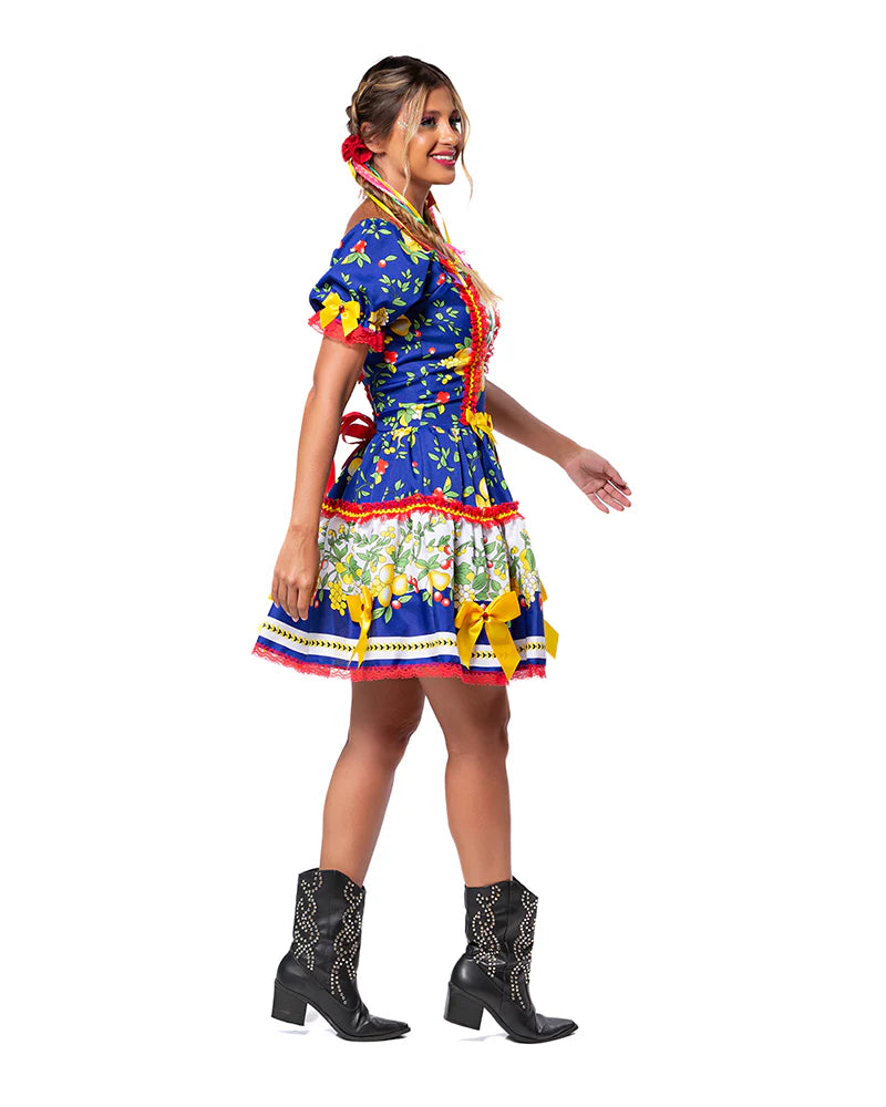 🍋 Vestido Junino Frutas Tropicais – Azul Royal com Laços Amarelos e Renda Vermelha