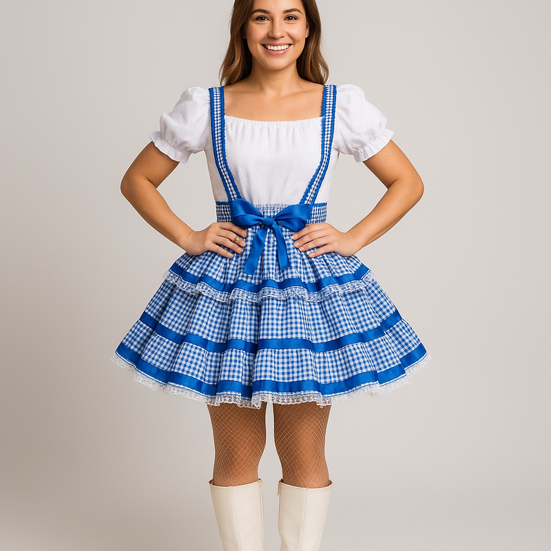 🌻 Vestido Camponesa Azul - Look Junino Encantador! 🌻