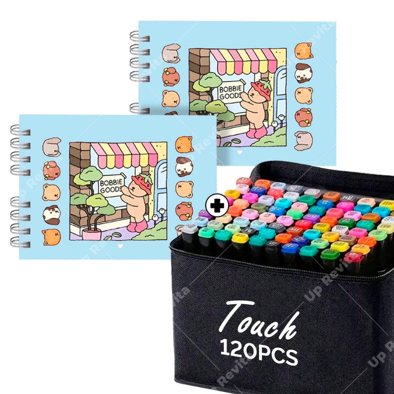 Kit Livro de Colorir Boogie Goods Capa Dura + 24/60/120 Canetinhas Bob Goods | 55 Desenhos Exclusivos