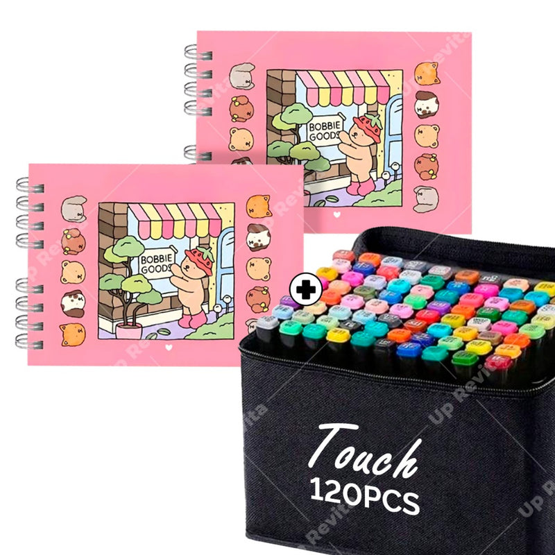Kit Livro de Colorir Boogie Goods Capa Dura + 24/60/120 Canetinhas Bob Goods | 55 Desenhos Exclusivos