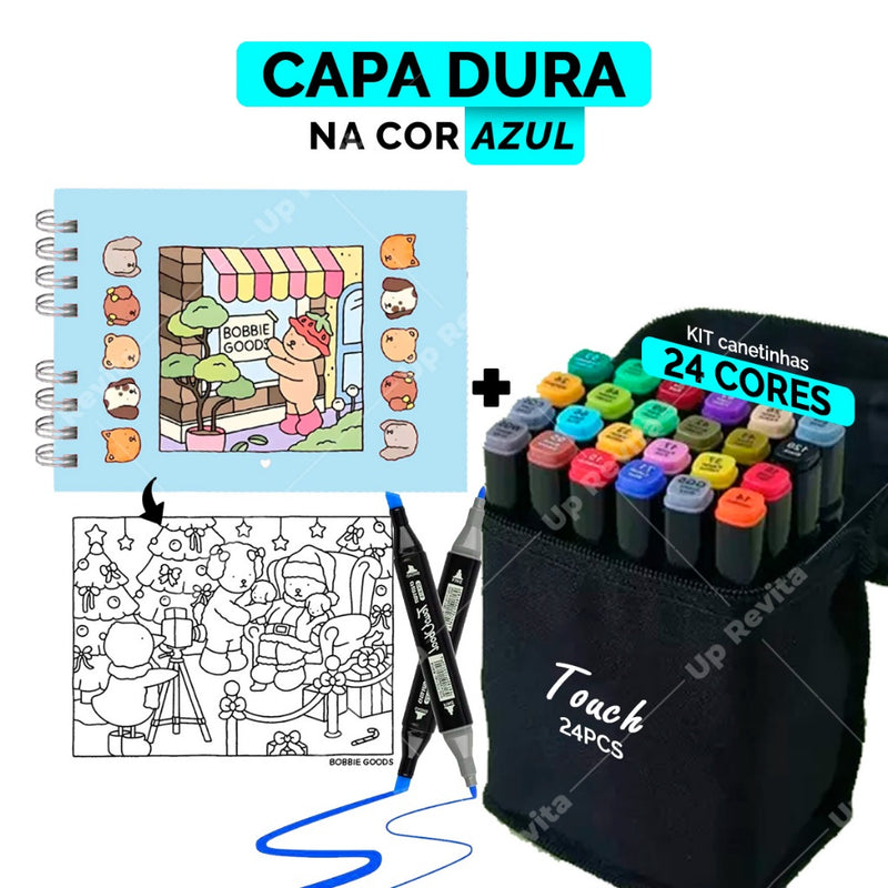 Kit Livro de Colorir Boogie Goods Capa Dura + 24/60/120 Canetinhas Bob Goods | 55 Desenhos Exclusivos