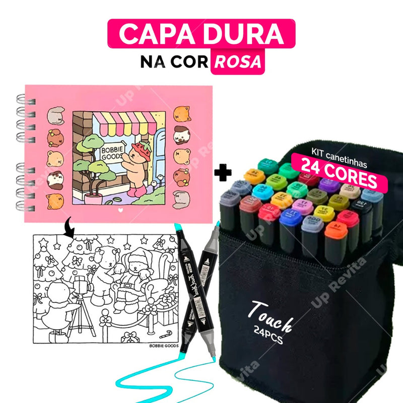 Kit Livro de Colorir Boogie Goods Capa Dura + 24/60/120 Canetinhas Bob Goods | 55 Desenhos Exclusivos