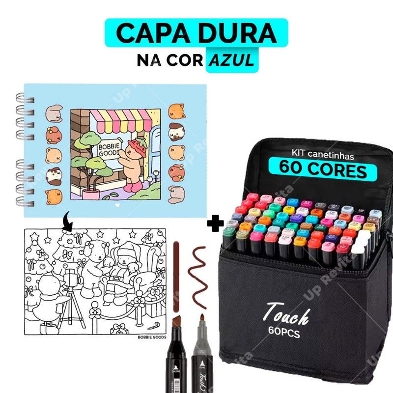 Kit Livro de Colorir Boogie Goods Capa Dura + 24/60/120 Canetinhas Bob Goods | 55 Desenhos Exclusivos