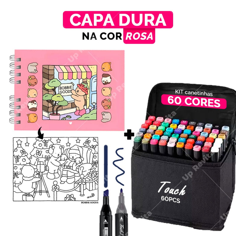 Kit Livro de Colorir Boogie Goods Capa Dura + 24/60/120 Canetinhas Bob Goods | 55 Desenhos Exclusivos