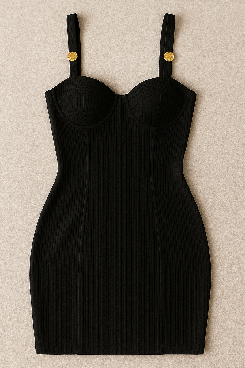 Vestido Body Glam Versatyl – Canelado com Alças Douradas